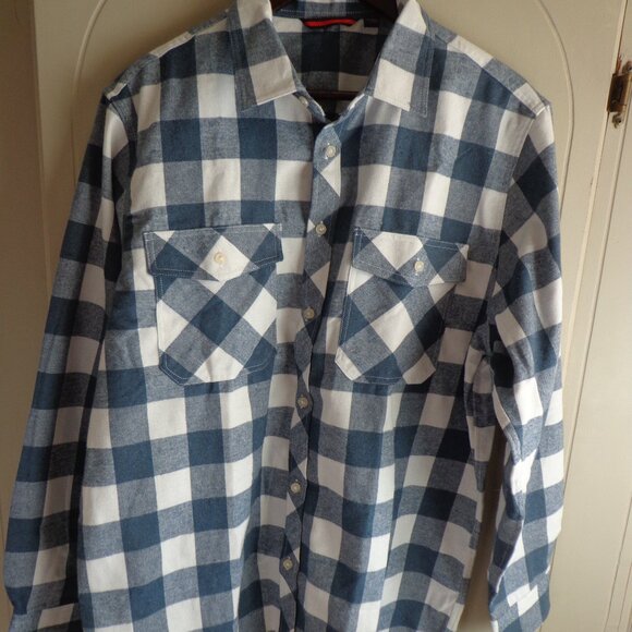 NWOT Design in Italy Luxury M's L Plaid Flannel Shirt Shadow Blue/Cream Pockets - Picture 1 of 10